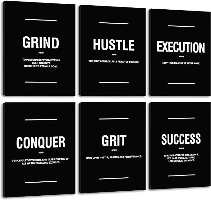 COSCTOR Set of 6 Motivational Wall Art Picture Decor Grind Hustle Execution Grit Conquer Success Canvas Framed for Office Bedroom Inspirational Workplace Posters Black and White Paintings Ready to Hang(Framed,20x30)