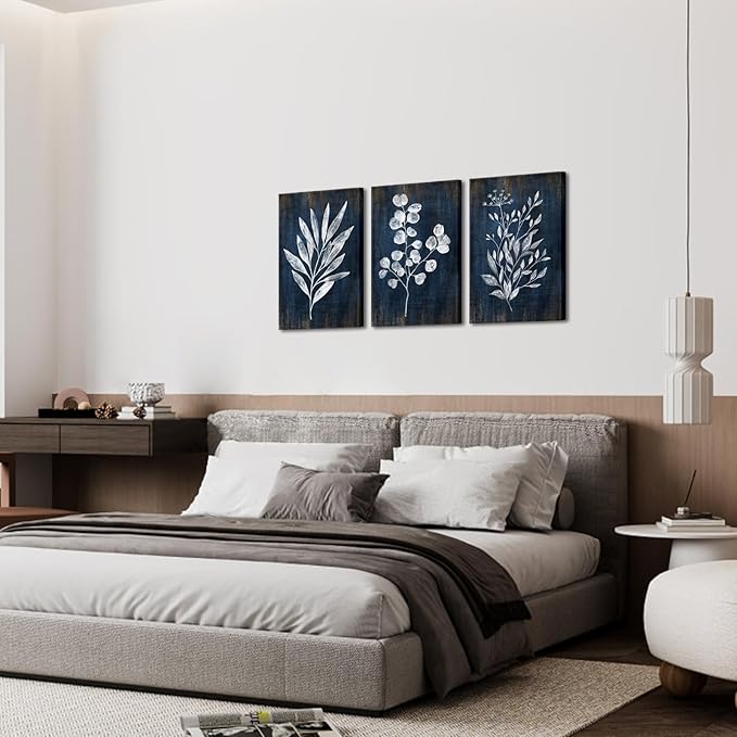 Conipit Navy Blue Botanical Painting Rustic Botanical Wall Art Canvas Abstract Blue White Leaf Plant Artwork Prints Framed For Living Room Bedroom Wall Decor 16''X24''X3pcs