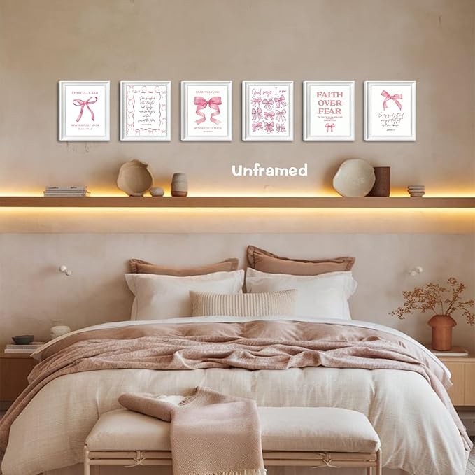 Pink Bow Jesus Bible Canvas Wall Art Set of 9, Coquette Trendy Preppy Aesthetic Girl Posters Prints Wall Decor, Christian scripture Lovers Gifts for Home Decor Living Room Bedroom 8x10In Unframed