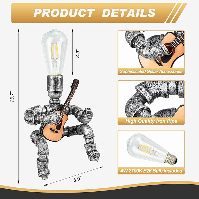 VIHOSE Metal Pipe Table Lamp, Creative Robot Style Desk Lamp, Vintage Industrial Water Pipe Light for Men Bedside Table Nightstand Bar Restaurant Cafe(Guitar Style, Silver Black)