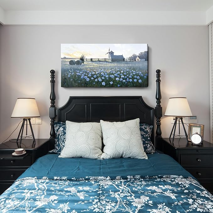 amatop Rustic Farmhouse Canvas Wall Art | Blue Rose & Windmill Sunset Landscape – Serene Countryside Botanical Decor for Living Room, Bedroom & Office (48x24 Inch)