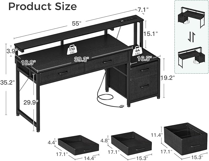 AODK Computer Desk with 4 Drawers, 55 Inch Office Desk with Printer Shelf & Built-in Power Outlet, Work Desk with Monitor Shelf for Home Small Spaces, Black