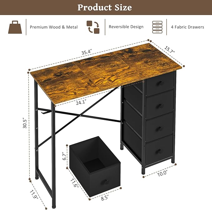 Small Computer Desk with 4 Fabric Drawers, 36 Inch Reversible Writing Desk for Home Office Bedroom, Modern Simple Kids Student Study Desk with Storage, Compact Desk for Small Spaces, Rustic Brown