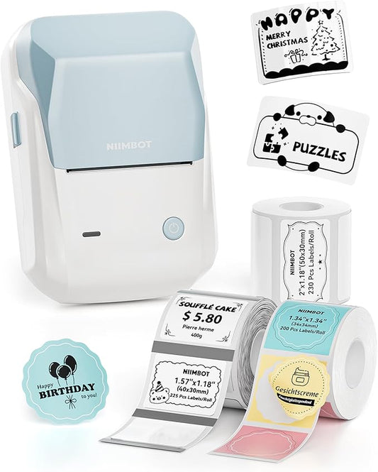 NIIMBOT B1 Label Maker Machine, Thermal Label Printer Easy to Use for Office, Home, Business, Came with 3 Roll Labels(Light Blue)