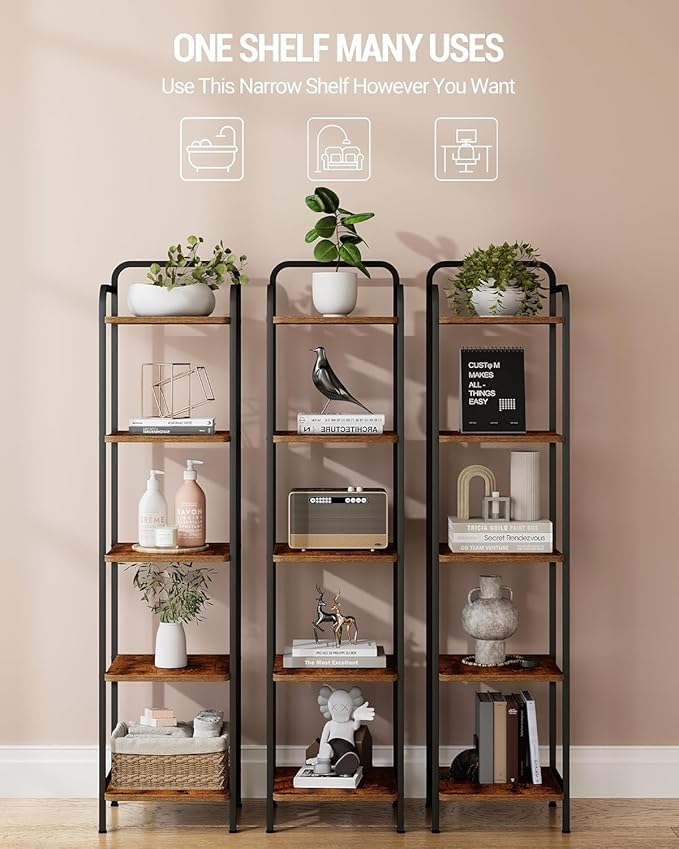 Bookcase Bookshelf, Narrow Book Shelf, Industrial Corner Shelf Storage Organizer, Slim Shelving Unit for Home Office, Living Room, Bedroom, Kitchen, 5-Tier Rustic Brown and Black BC24501B