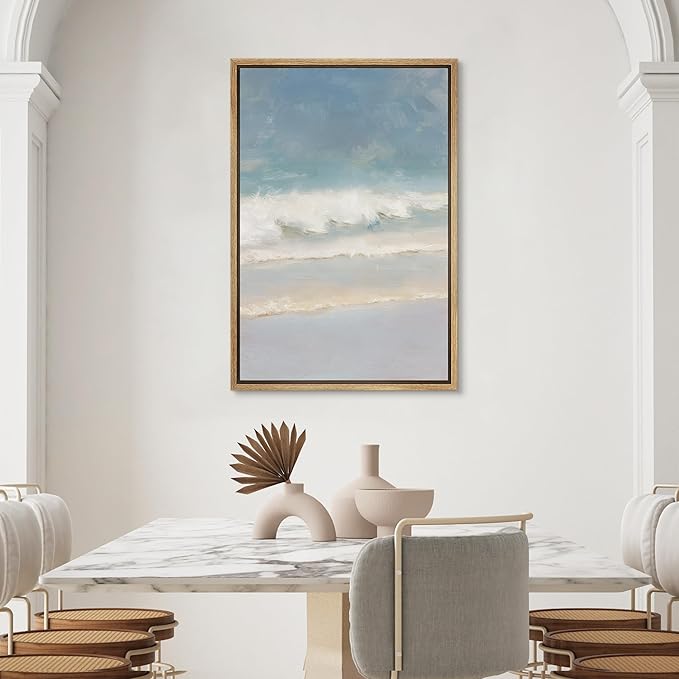 SIGNWIN Framed Canvas Print Wall Art Coastal Ocean Waves and Blue Sky Seascape Illustrations Modern Decorative for Living Room, Bedroom, Office - 24"x36" NATURAL