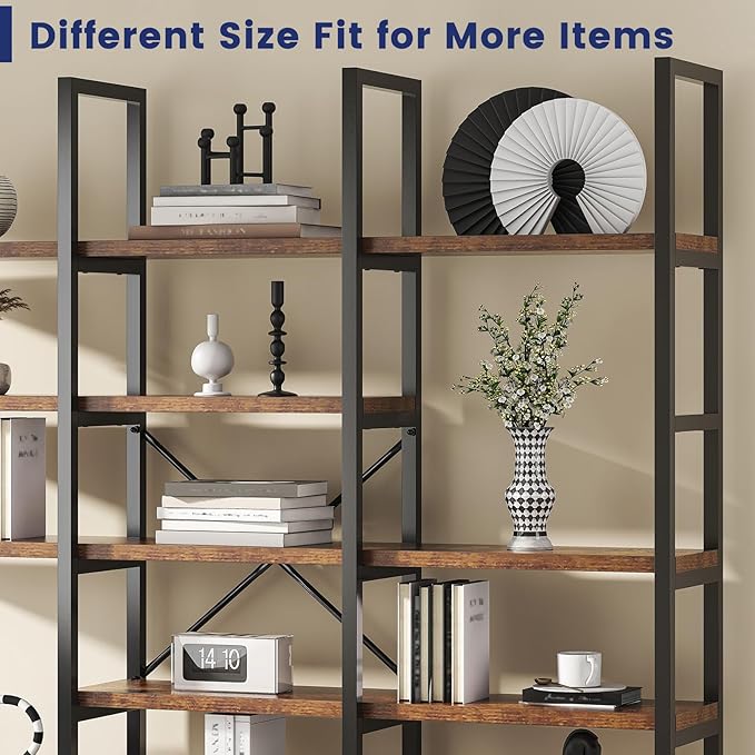 Jehiatek Large Bookshelf 5 Tiers, Triple Wide Geometric Bookcase, 71 Inches Tall Industrial Book Shelves Etagere Book Case, Sturdy Metal Frame, Freestanding Display Shelving Unit, Rustic Brown
