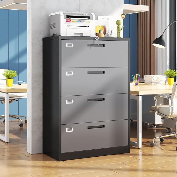 4 Drawer File Cabinet, Locking Lateral Filing Cabinet for Home Office, File Cabinets with Business Card Holder for Letter/Legal/F4/A4 Hanging Files