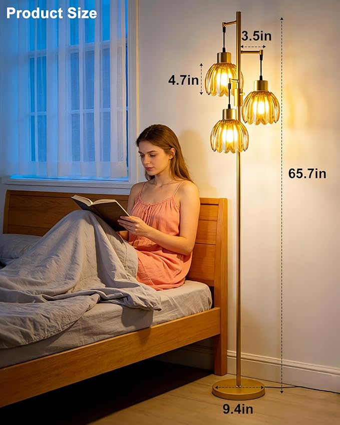 Lightdot 65'' Glass Floor Lamp Dimmable Gold Floor Lamps with Brown Lotus Glass Shade& 3000K Bulbs Included 3-Lights Modern Tall Standing Lamp for Living Room/Bedroom/Sofa Beside/Corner Decor