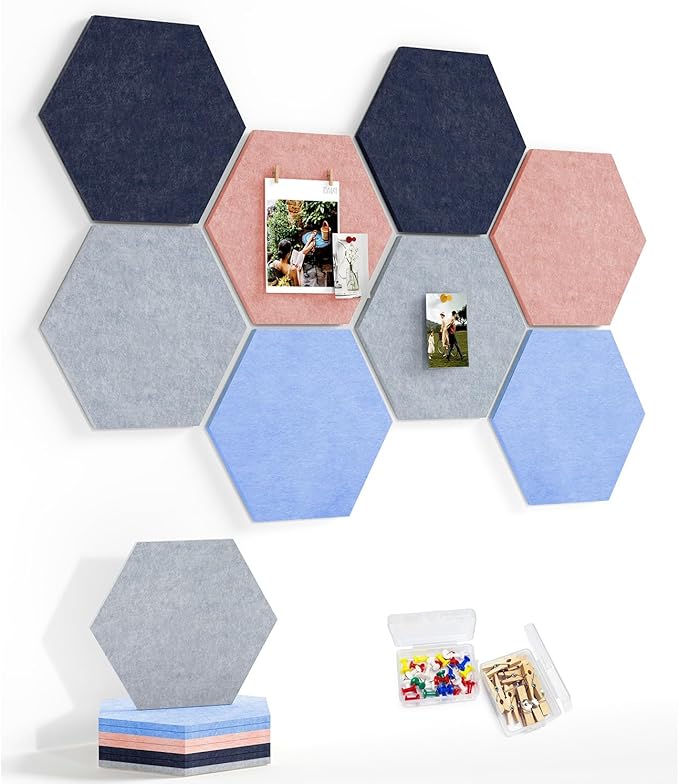 8 Pack Hexagon Felt Bulletin Board Tiles - 11.8" Large Thick Pin Board for Walls with 30 Push Pins, DIY Boards for Office Home School Decor, Aesthetic Hex Cork Board Alternative