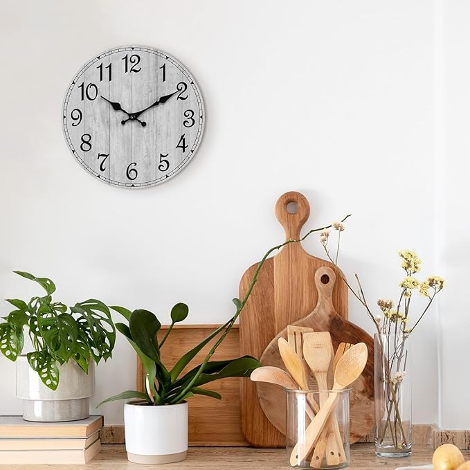 HYLANDA Wall Clock, Rustic Wall Clocks Battery Operated Silent Non Ticking, Country Round Wooden Clocks Farmhous Wall Decorative for Kitchen, Bathroom, Living Room (Gray 8 Inch)