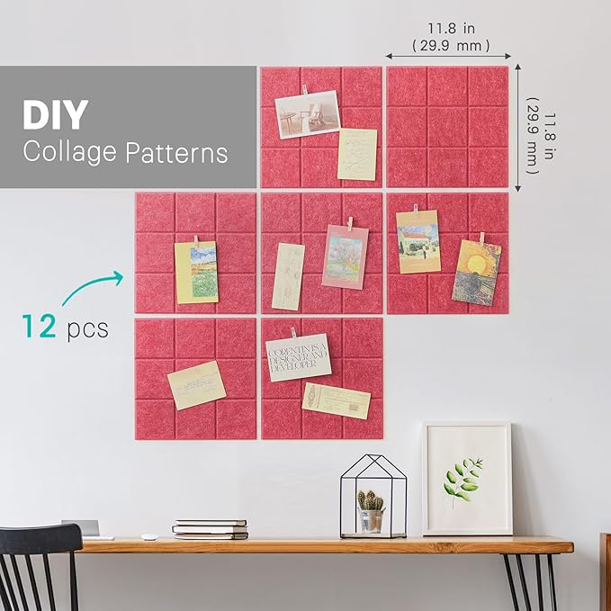 Large Cork Board, 12 Pack Felt Wall Tiles with Safe Removable Adhesive, Bulletin Board for Office, Pin Tack Corkboard for Quilting Design & Dart Wall Protector 48" x 36" - Light Crimson