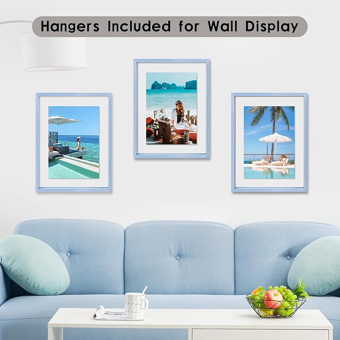 MUYE 12x12 Floating Frame Set of 2,Double Real Glass Square Photo Frame,Display Any Size Photo up to 12x12,Wall Mount or Tabletop Standing,Blue