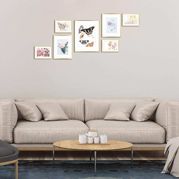 Golden State Art, Aluminum Gallery Wall Frame Set of 7 - Includes One 11x14, Two 8x10, and Four 5x7 - Metal Frames with Mat & Real Glass Cover for Elegant Home or Office Decor (Style 2, Gold)