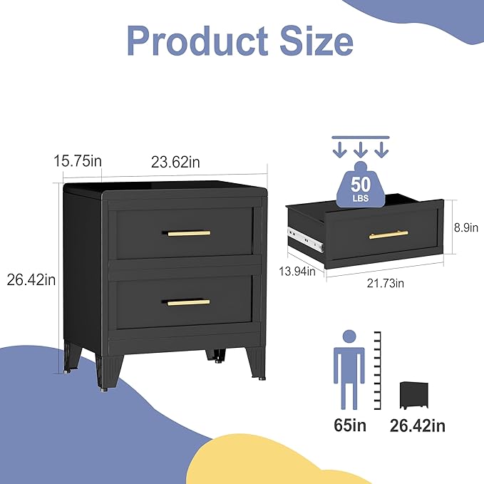 26.42" Tall Dresser for Bedroom 2 Drawers, Metal Dresser Chest of Drawers, Metal NightStand, Circular Drawer Cabinet for Home,Filing Cabinet with Drawers for Office (Black)
