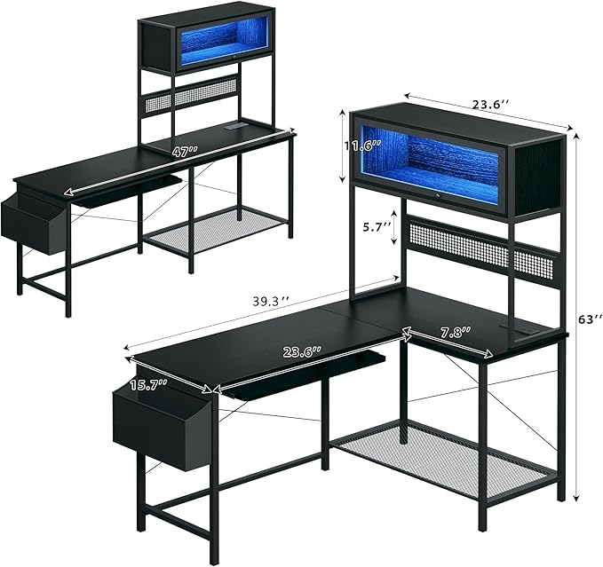 L Shaped Gaming Desk with Power Outlets & LED Lights, 39'' Small Reversible Computer Desk with Hutch & Pegboard & Display Cabinet, Corner Home Office Desk with Keyboard Tray & Storage Bag, Black