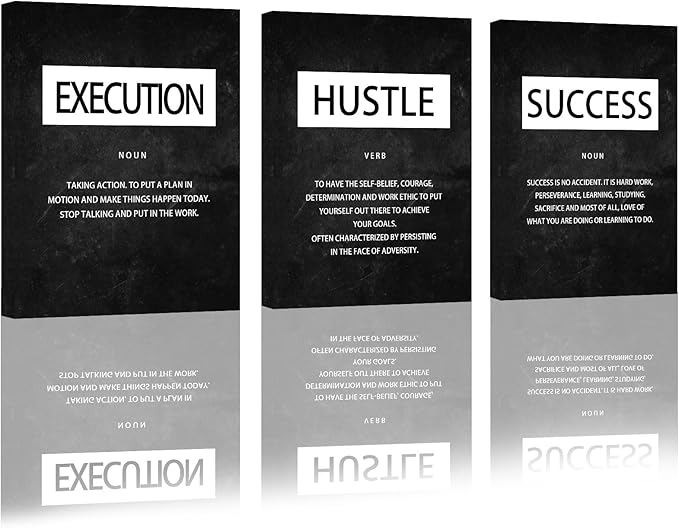 Unbruvo Motivational Canvas Wall Art - 3 Panel Inspirational Quotes Wall Decor, Hustle Success Office Decor, Positive Saying Poster for Living Room, Bedroom, Classroom(36x16 inch)