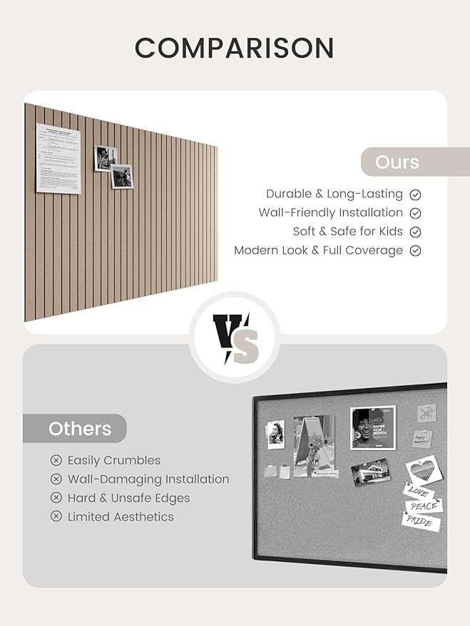 Bumusty Large Cork Board Alternative-48 x 36" Felt Bulletin Board Tiles, with 30 Pushpins, 70 Adhesive Tabs, 12-Pack Slat Wall Paneling, Cork Boards for Office Push Pin Board Felt Board-Taupe