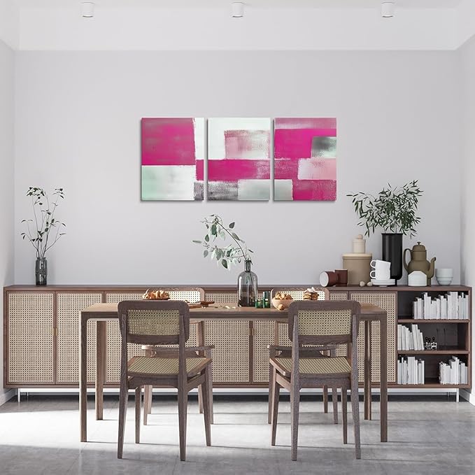 jejeloiu Modern Art 3 Piece Canvas Wall Art for Living Room Bedroom Abstract Art Picture Wall Decor 12"x16"x3pcs Hot Pink Abstract Oil Painting Office Decorations Artwork Posters