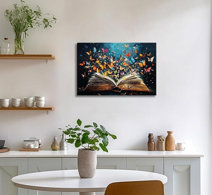 Colorful Butterfly Book Canvas Wall Art Butterfly Emerging From Book Picture Wall Decor Reading Enthusiasts Poster Print for Library Reading Room Bedroom Modern Reading Concept Home Decoration