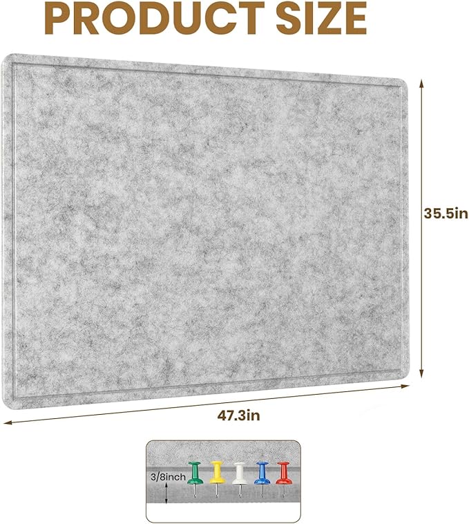 Large Bulletin Board - 48 X 36 inches Decorative Felt Pin Board - 4' x 3' Cork Board Alternative for Wall - Foldable Photo Board Self-Adhesive Vision Board Prayer Board with 30 Pushpins - Silver Gray