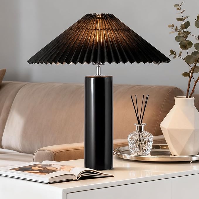 Ceramic Table Lamps for Bedroom, Adjustable Shade Lamps for Night Stands, Modern Cylindrical Nightstand Table Lamps 5W E26 for Bedroom Bedside Buffet, Black