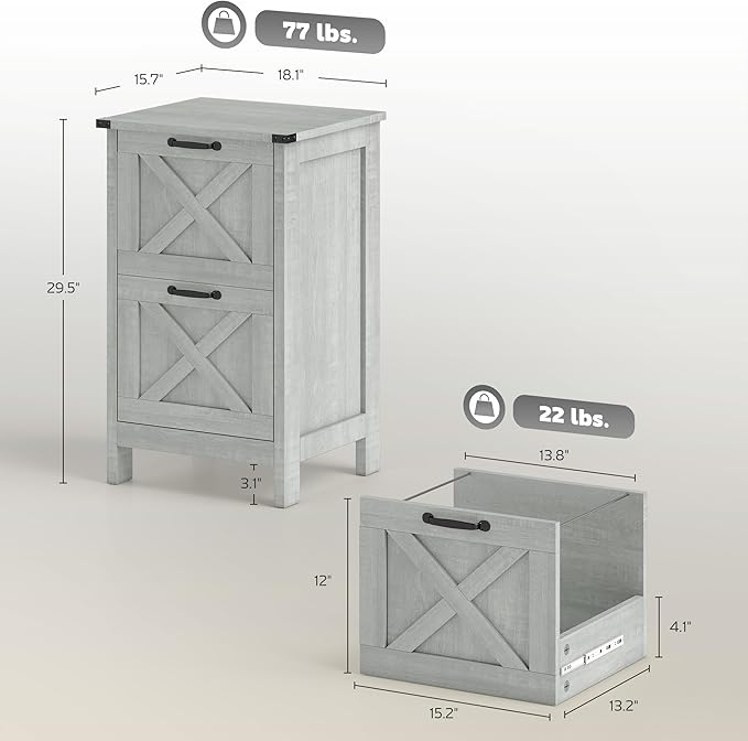 HOMCOM 2 Drawer Vertical File Cabinet with Silent Slides, Rustic Farmhouse Filing Cabinet with Barn Doors for A4/Letter Size, Printer Stand with Storage for Home Office, Distressed Light Gray