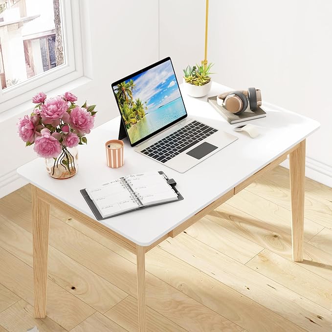 Home Office Computer Desk Coner Desk with 2 Drawers, Study Writing Table for Home Office, Study, White & Natural (39.3 ”W x 23.6”D x 29.1”H)