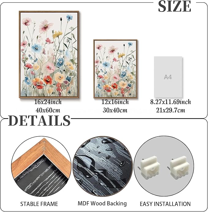 KISSFOX Colorful Wildflower Canvas Wall Art Set Of 3 Flowers Pictures Prints Flowers Printing Floral Watercolors Flower wall Decor Living Room Girls Bedroom Bathroom (Grey Blue, 12"x16" Natural Framed, Framed)