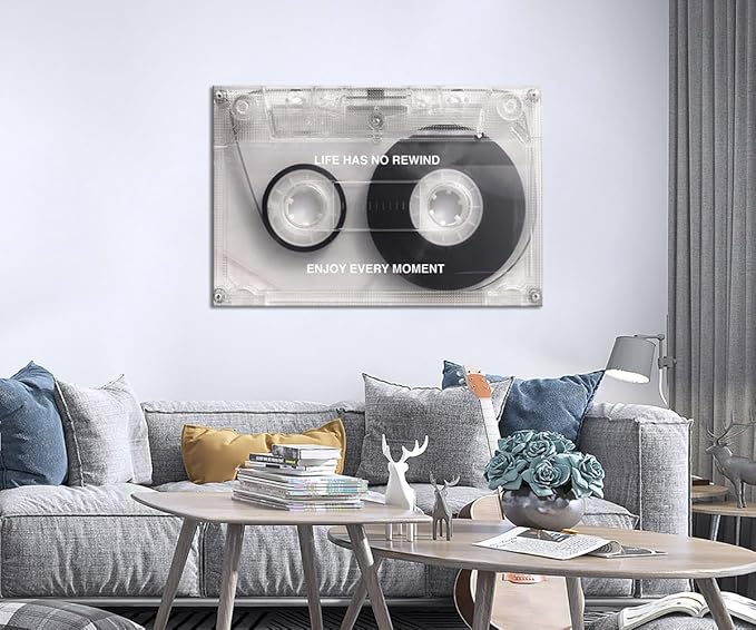 Cassette Music Wall Art with Life Has No Rewind Enjoy Every Moment Motivation Words,Inspirational Vintage Framed Art Posters Stretched and Framed Ready to Hang-24"X36"