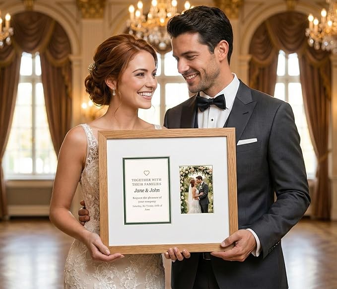 Invitation Picture Frame Brown With Double Mat White Over Metallic Silver for 5.5x7.5 Boutique Keepsake Made in the USA