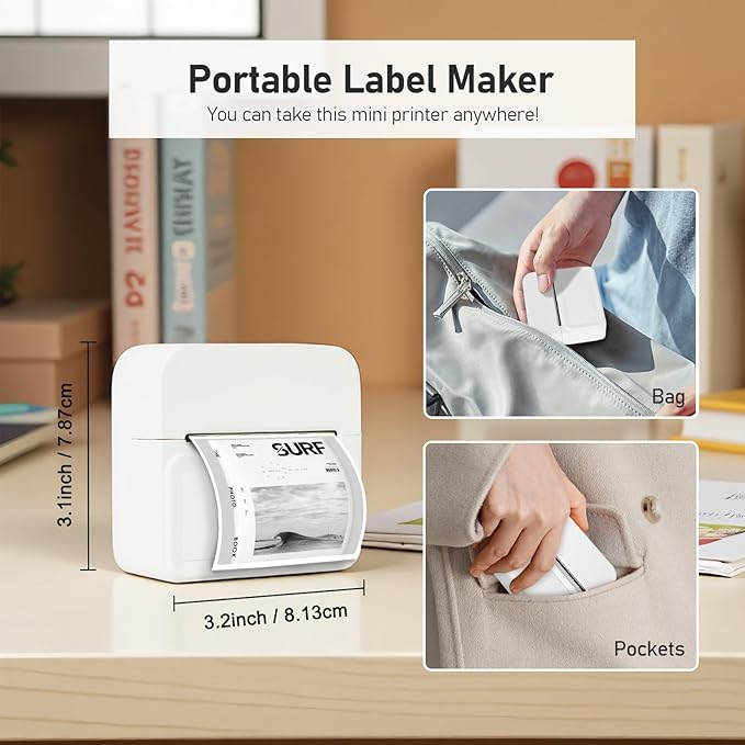 Portable Thermal Mini Sticker Printer: Wireless Bluetooth Label Maker Machine for Small Business Trip Travel Home Office - 2 Inch Label Makers Perfect for iOS & Android Phone