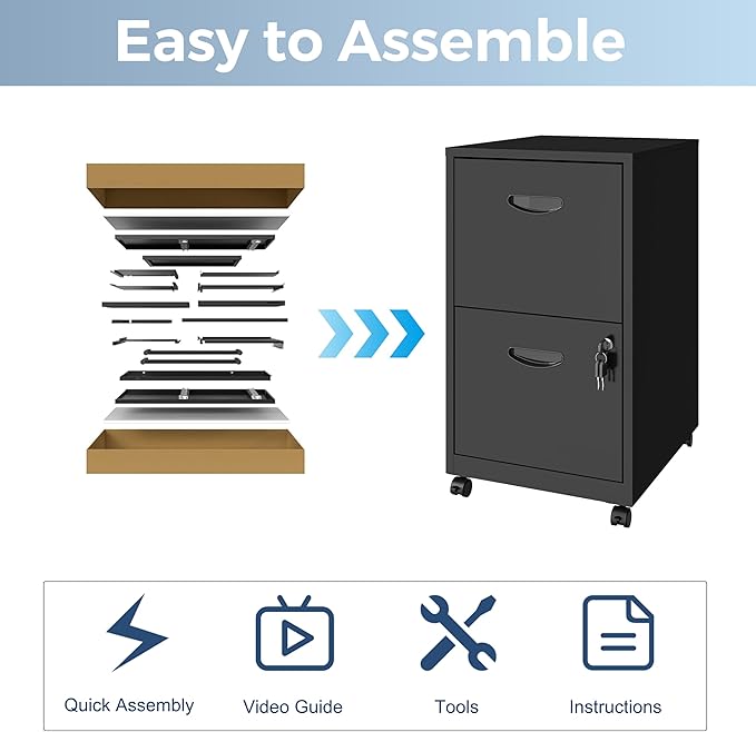 2 Drawer File Cabinet with Lock, Filing Cabinets with Wheels, Rolling File Cabinets for Home Office, Metal Office File Cabinet, for Holding Letters and File Boxes, Assembly Required, Black