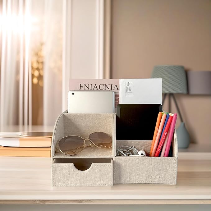 UnionBasic Desk Organizer - Multifunctional Leather Desktop Pen Holder Storage Box - Business Card/Pen/Pencil/Mobile Phone/Stationery Holder, Beige