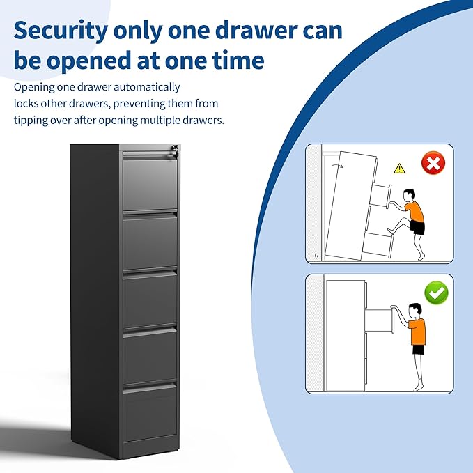 5 Drawer File Cabinet with Lock, Metal Filing Cabinet for Home Office, Vertical File Cabinet for Letter/Legal/A4/F4 Documents, Easy to Assemble Steel Storage Cabinet