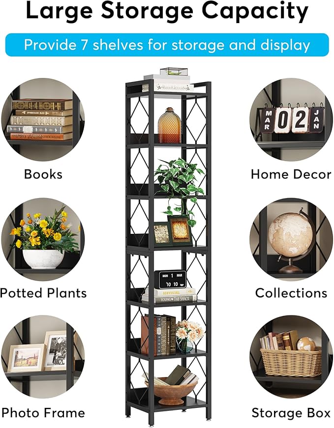 Tribesigns 78.7 Inch Extra Tall Narrow Bookshelf Set of 2, 7 Tier Skinny Bookcase for Small Spaces, Freestanding Display Shelves, Multifunctional Corner Storage Organizer for Home Office, Black