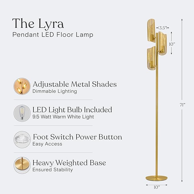 Brightech Lyra LED Tree Floor Lamp for Mid-Century Modern, Contemporary, Industrial Décor, 3 Light Head Standing Lamp with Metal Cage Shade, Standing Pole Tall Lamp for Living Room, Bedroom - Brass