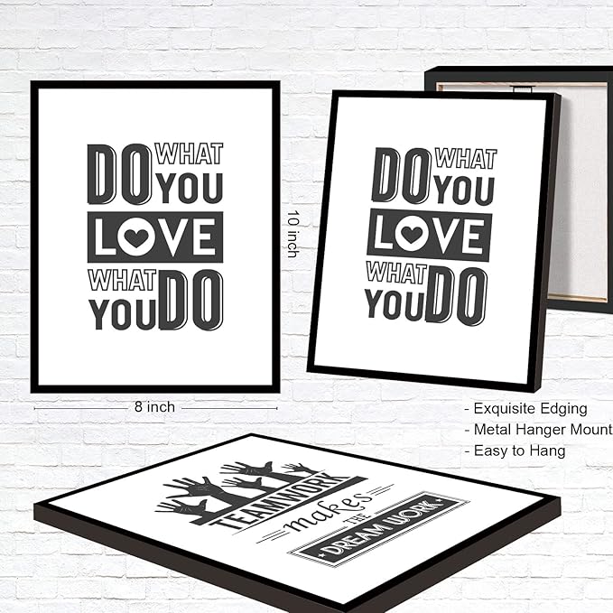 Teamwork Wall Art - Framed Motivational Canvas for Office and Bedroom - Quotes Decor Set of 6, 8X10in, Ready to Hang
