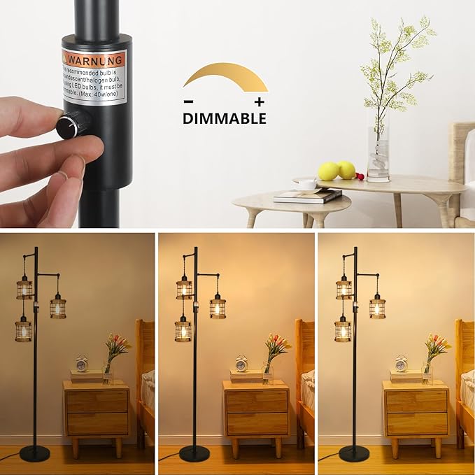 Airposta Vintage Wood Floor Lamp for Bedroom, Dimmable Floor Lamps for Living Room, Industrial Standing Lamp Farmhouse Tall Lamp for Office Home, Rustic Corner Floor Lamp Metal Black Pole Lamp