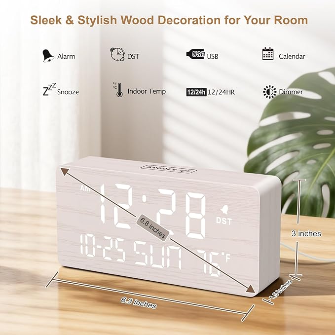 DreamSky Wooden Digital Alarm Clocks for Bedrooms - Living Room Desk Clock with Date and Day of Week, Temperature, USB Port, Dimmer Wheel, Adjustable Volume, Auto DST, Wood Decor for Office Table