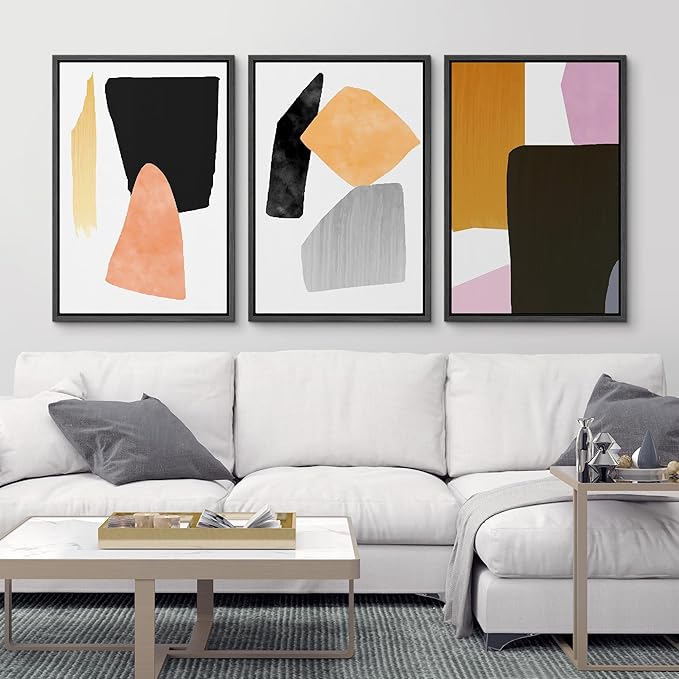 SIGNFORD Framed Wall Art Print Set Orange, Black & Purple Polygons Abstract Shapes Digital Art Modern Art Contemporary for Living Room, Bedroom, Office - 24"x36"x3 Black