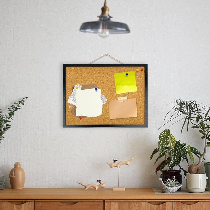 Black Cork Bulletin Board, 15.7 X 12 Inches with Oak Wood Finish Frame, Wall Mounted for Office Home and School(Pins, Eye Bolts, gaskets, Screws)