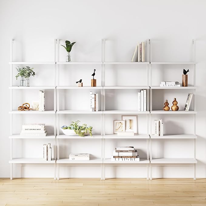 Nathan James Theo 5-Shelf Modern Bookcase, Open Wall Mount Ladder Bookshelf with Industrial Metal Frame, White, Set of 4