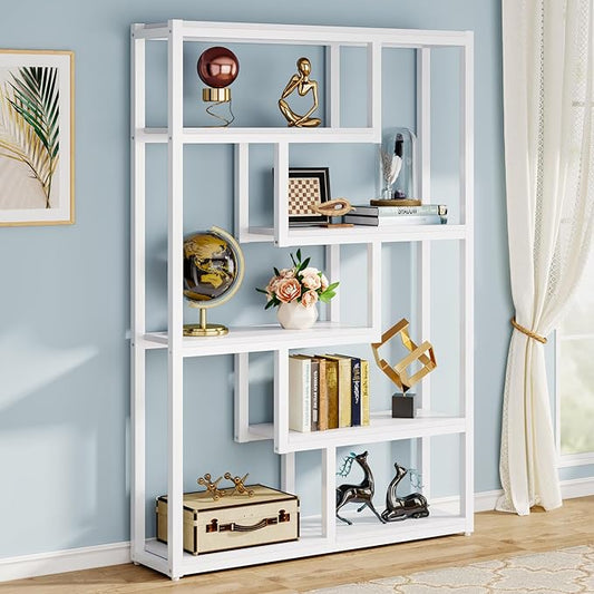 Tribesigns Way to Origin 6-Shelf Industrial Bookshelf, Modern Etagere Bookcase, 69 Inch Tall Storage Display Staggered Shelves with Sturdy Metal Frame for Home Office, White