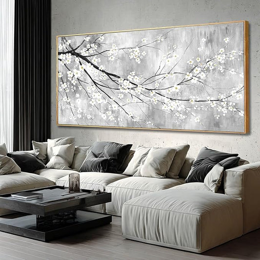 Large White Black Gray and Gold Plum Blossom Canvas Wall Art Framed Modern Zen Nature Floral Posters for Bedroom Living Room Office Hallway Wall Decor 40x88 Inch