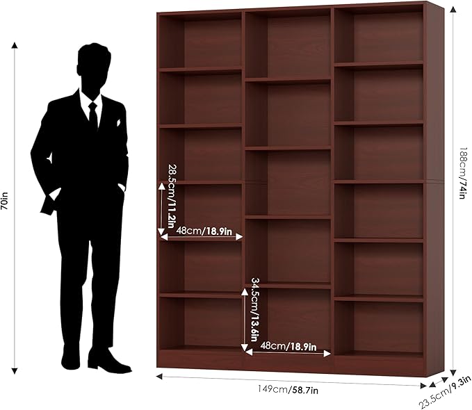 FACBOTALL Triple Wide Bookshelf, 6 Tier Large Bookshelf, Bookcase with 17 Open Display Shelves, 74'' Tall Bookcases and Bookshelves for Living Room, Home Office, Library, Cherry