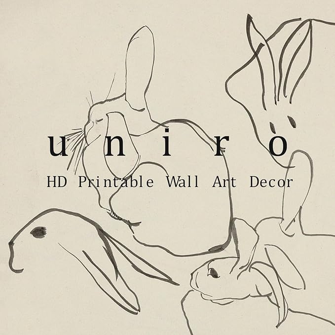 uniro Abstract Easter Bunnies Wall Art Decor, Animal Rabbit Drawing Etching Rustic Picture, Vintage Farmhouse Decor Bunny Sketch Drawing, Minimalist Mid Century Country Room Decor (8" x 10"-UNFRAMED)