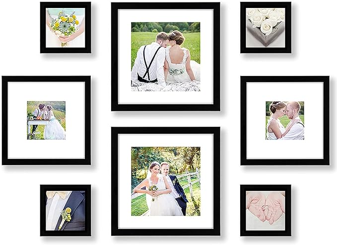Americanflat Square Picture Frame Set in Black with Shatter Resistant Glass and Easel Stand - Various Dimensions - Pack of 8