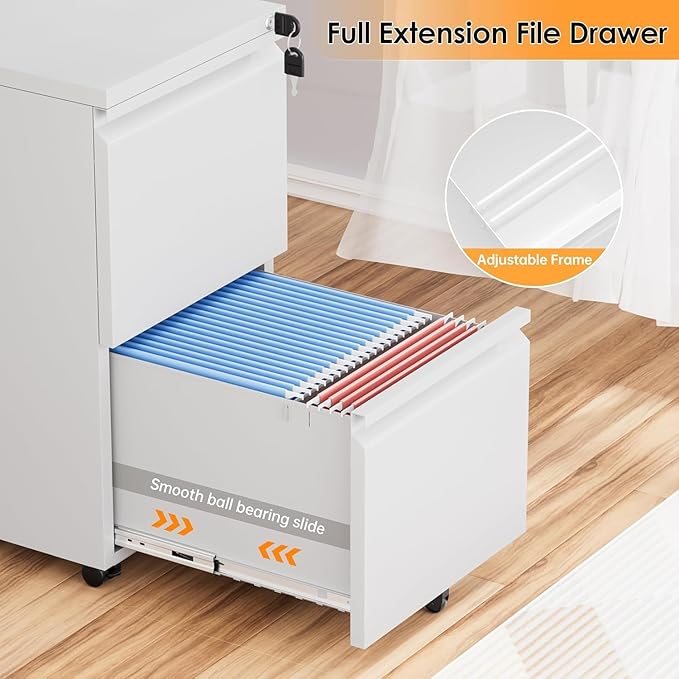 2 Drawer Mobile File Cabinet, Metal Rolling Filing Cabinet with Lock for Home Office, Under Desk Small Cabinet with Wheels Fit A4/ Legal/Letter, White