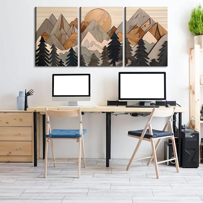 Set of 3 Mountain canvas Wall Art Large Forest Wall Decor pictures Woodcut Wooden Landscape poster Prints Abstract Landscape Nature Painting for Living Room Bedroom Office (12x16in canvas)